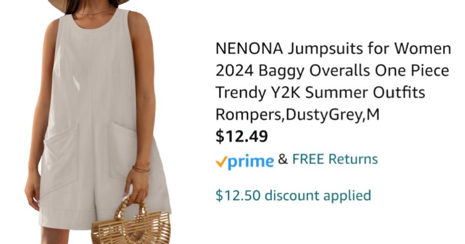 woman wearing gray romper next to Amazon pricing information