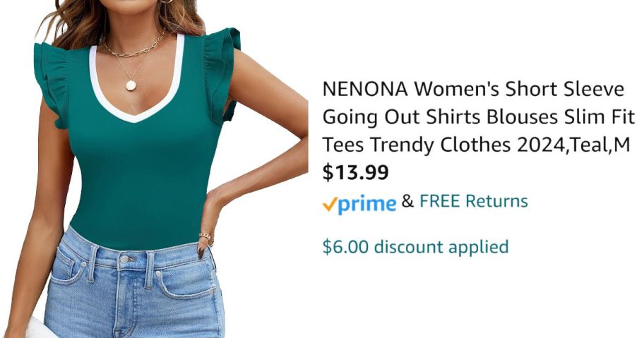 woman wearing teal shirt next to Amazon pricing information