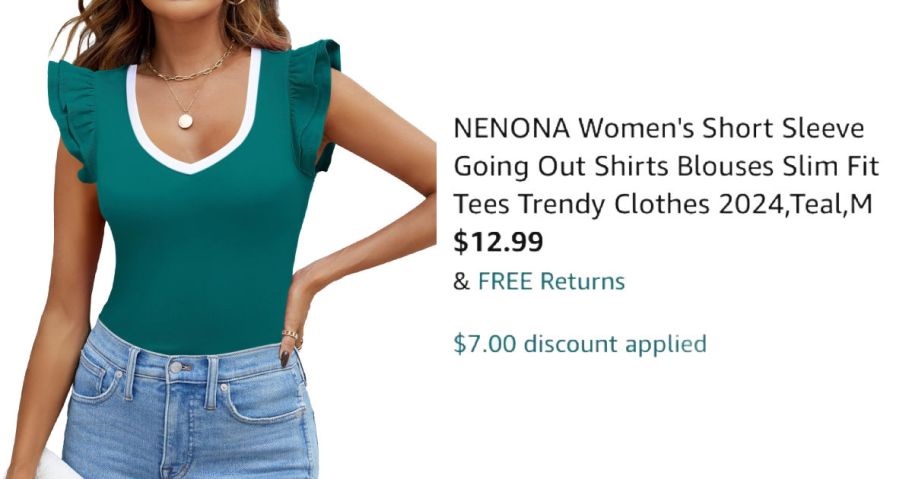 woman wearing green shirt next to Amazon pricing information