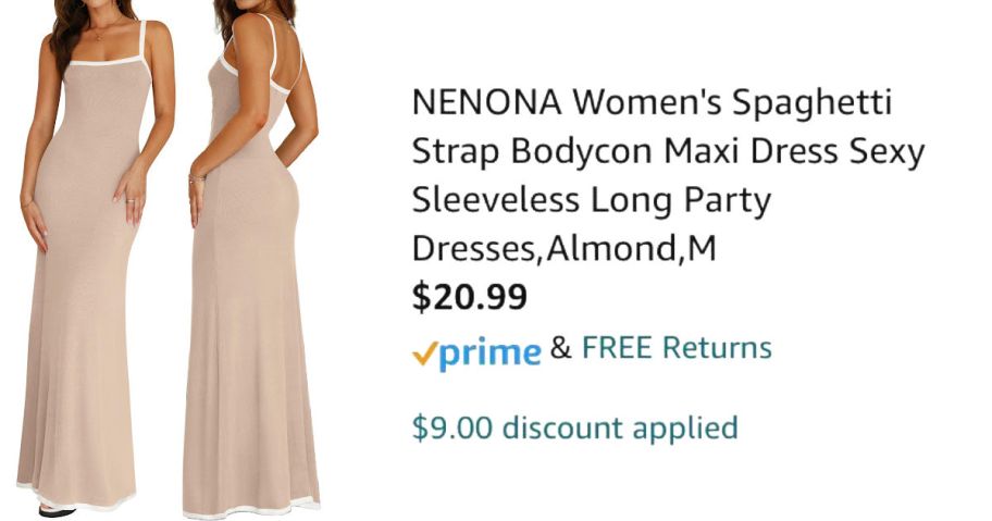 front and back view of tan dress next to Amazon pricing information