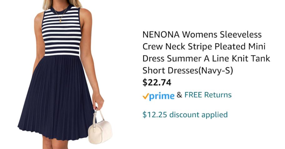 woman wearing navy striped dress next to Amazon pricing information
