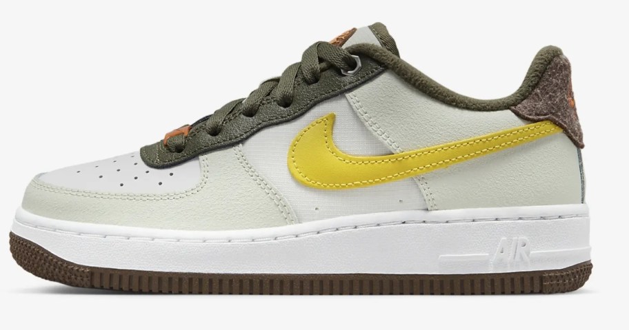 white, brown and yellow kid's Nike Air Force 1 shoe