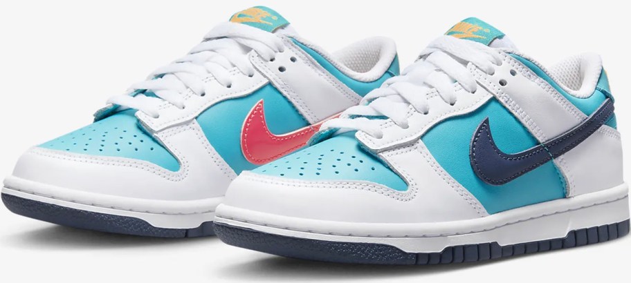 white, light blue and red nike dunk low top shoes 