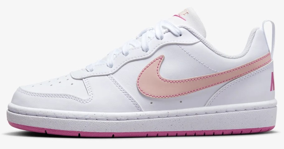 kid's Nike court show in white with pink accents