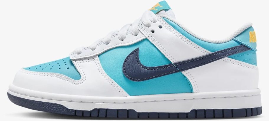 kid's Nike Dunk shoe in navy and bright blue and white