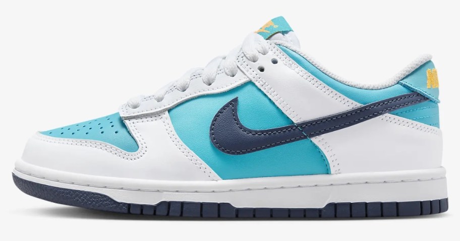 kid's Nike Dunk shoe in navy and bright blue and white