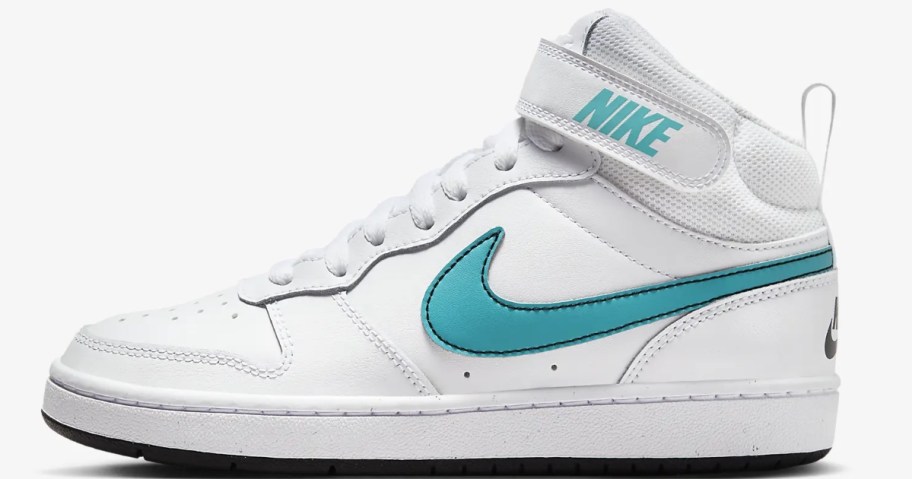 kid's Nike court mid show in white with teal accents