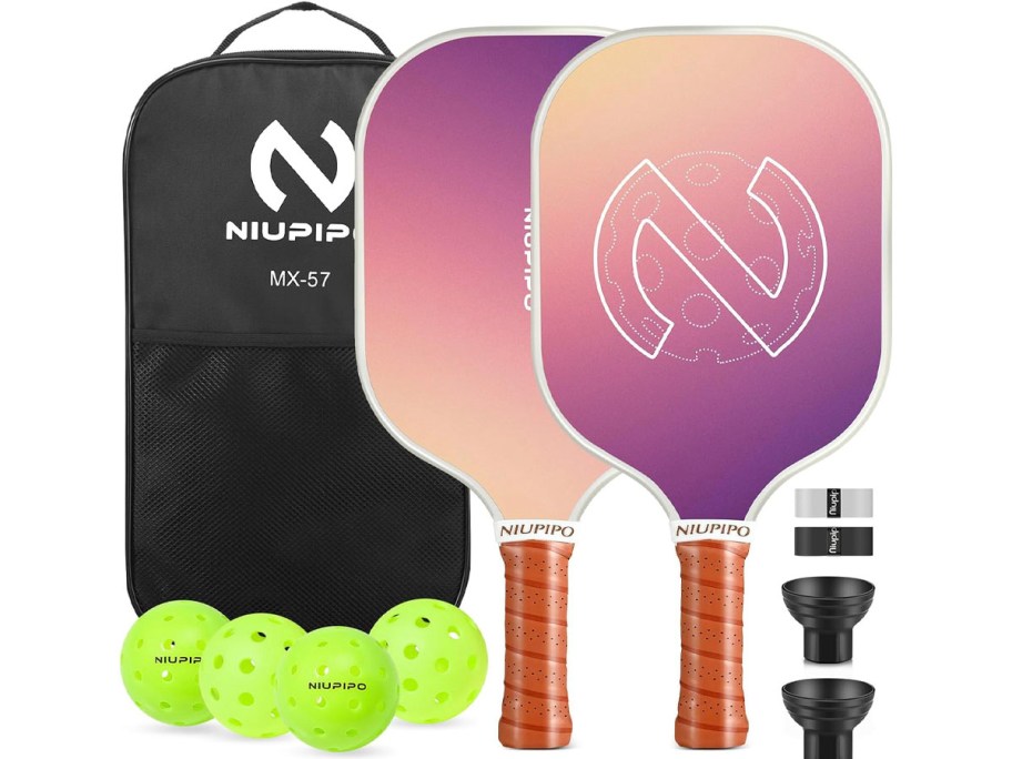 purple pickleball paddles with black bag and yellow balls