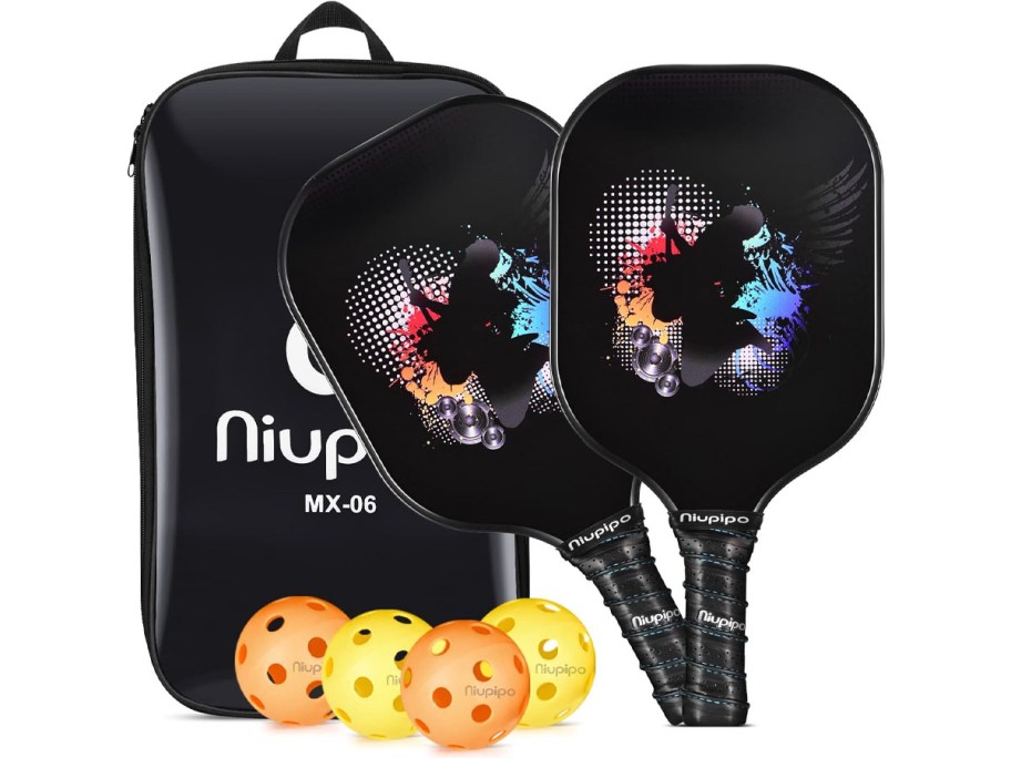 black pickleball paddles with black bag and yellow and orange balls