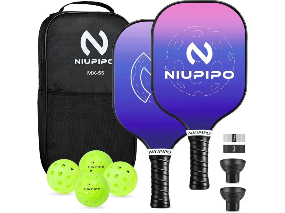 purple and pink pickleball paddles with bag and balls