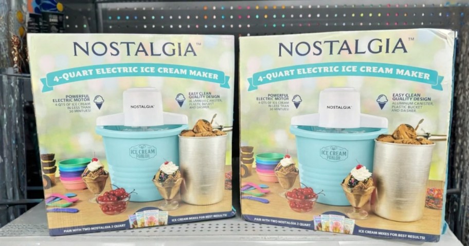 two boxes with blue Nostalgia Ice Cream Makers in them on a store shelf