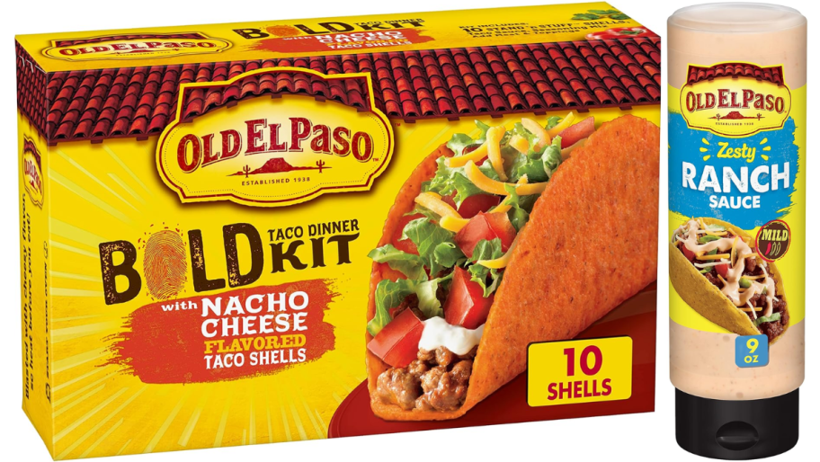 a nacho cheese taco shell kit shown with a bottle of taco sauce stock images