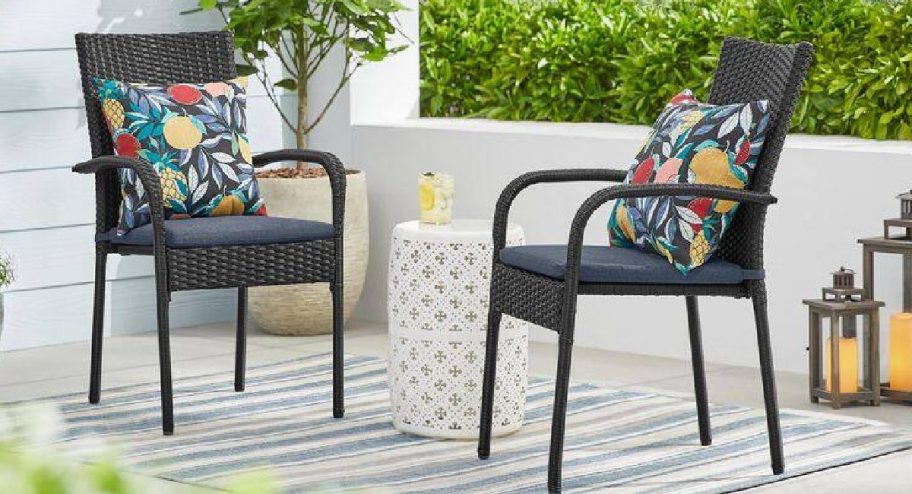 outdoor patio chairs with fruit cushion displayed
