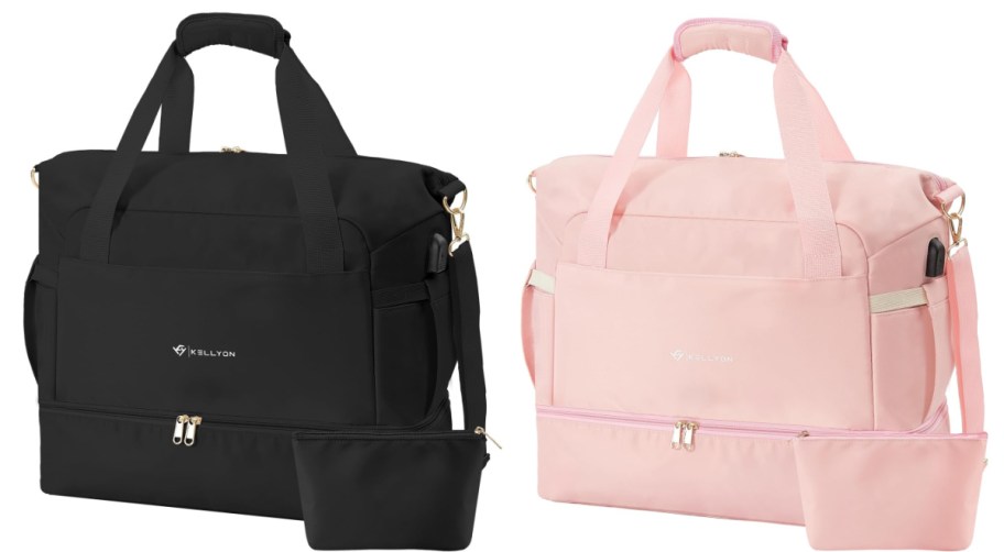 pink and black duffle bag