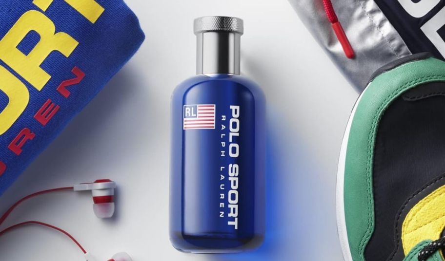a 4.2 oz bottle of polo sport EDT on white background shown with other polo sport items