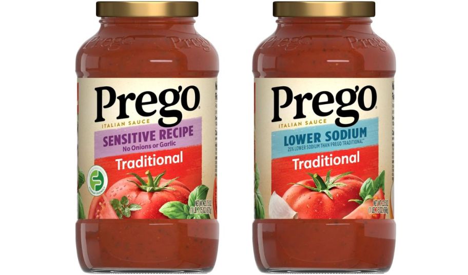 prego traditional and low sodium 24 oz jars of pasta sauce on a white background
