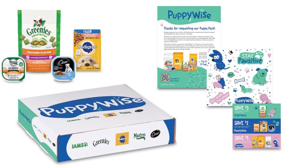 contents of puppy wise puppy pack including dog treats and foods