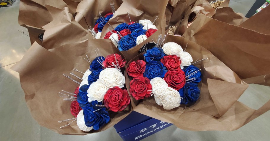 bunches of red white and blue paper flower bouquets at lowes