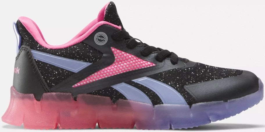 black, purple, and pink reebok kids shoe