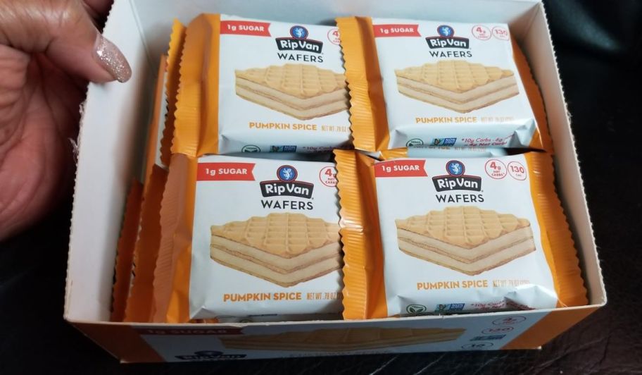 a box of rip van pumpkin spice keto wafers