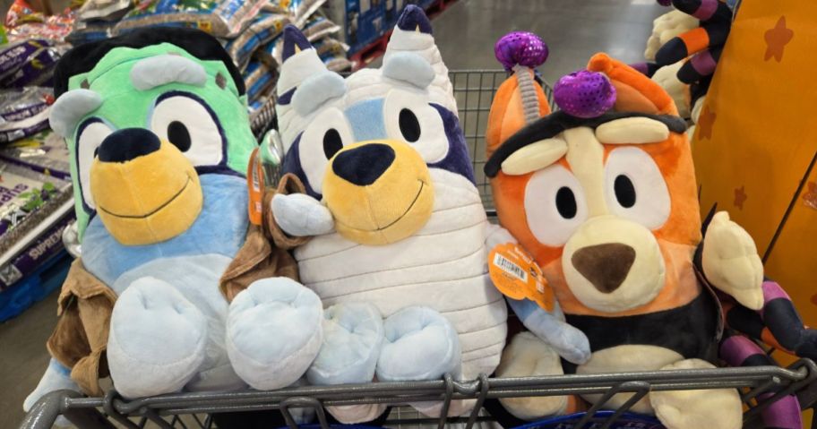a frankenstein, mummy, and spider Bluey 18" Halloween Jumbo Plush in cart in store