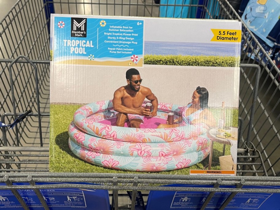 sam's cart with a tropical inflatable swimming pool in the box sitting in it