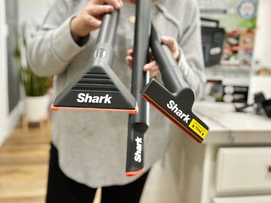 Shark MessMaster Portable Wet & Dry Vacuum w/ Car Detail Kit attachments being held up by woman