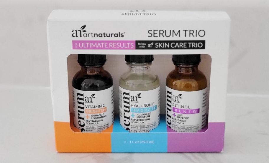 A box with 3 artnaturals serums inside