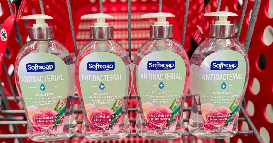 four softsoap rosewater hand soaps sitting in target cart