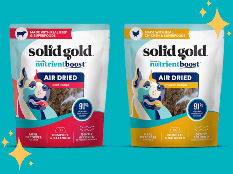 two bags of freeze dried pet treats on blue background