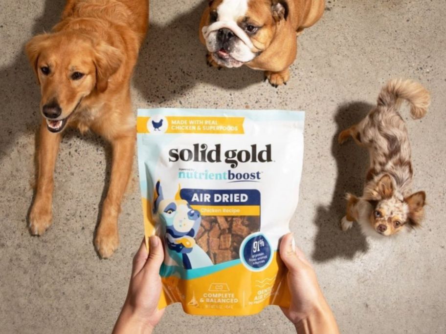 bag of solid gold air dried treats being held up with 3 dogs in background
