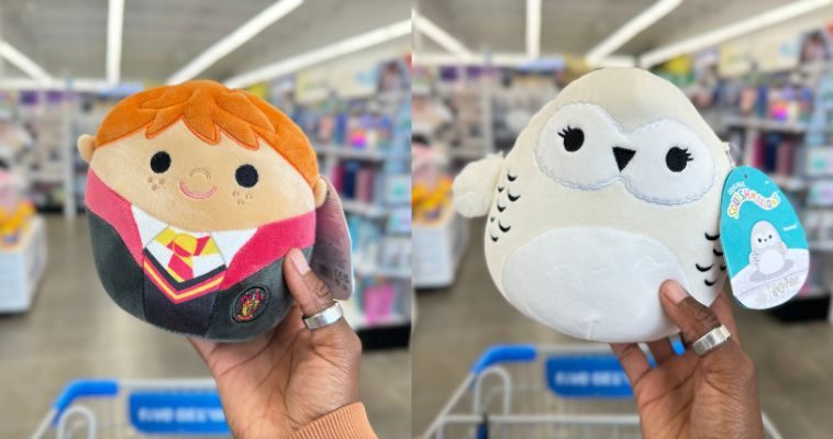 Harry Potter™ Squishmallows™ 6.5in ron weasley and hedwig plush being held by hand in store