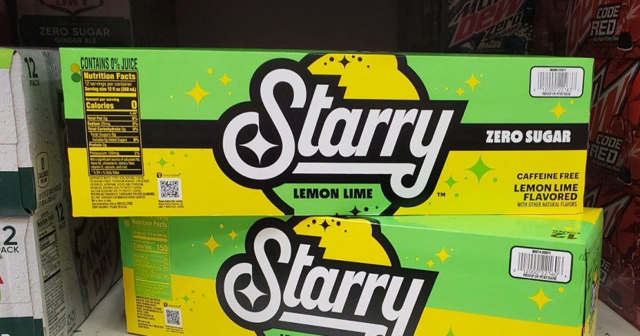 starry soda packs on a store shelf