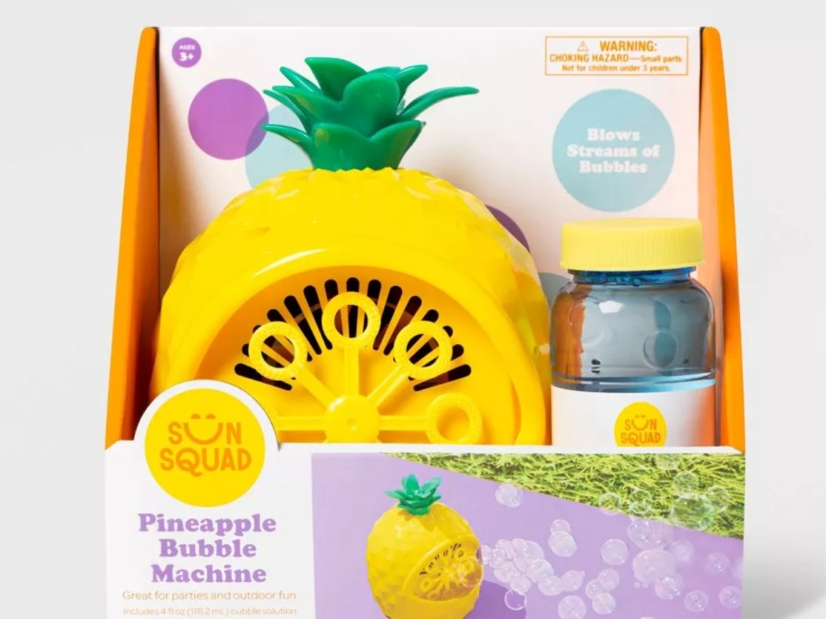 pineapple shaped bubble machine with bubble solution in packaging