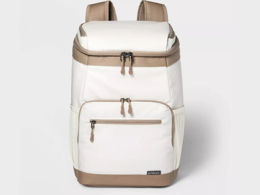 white and tan soft sided backpack cooler
