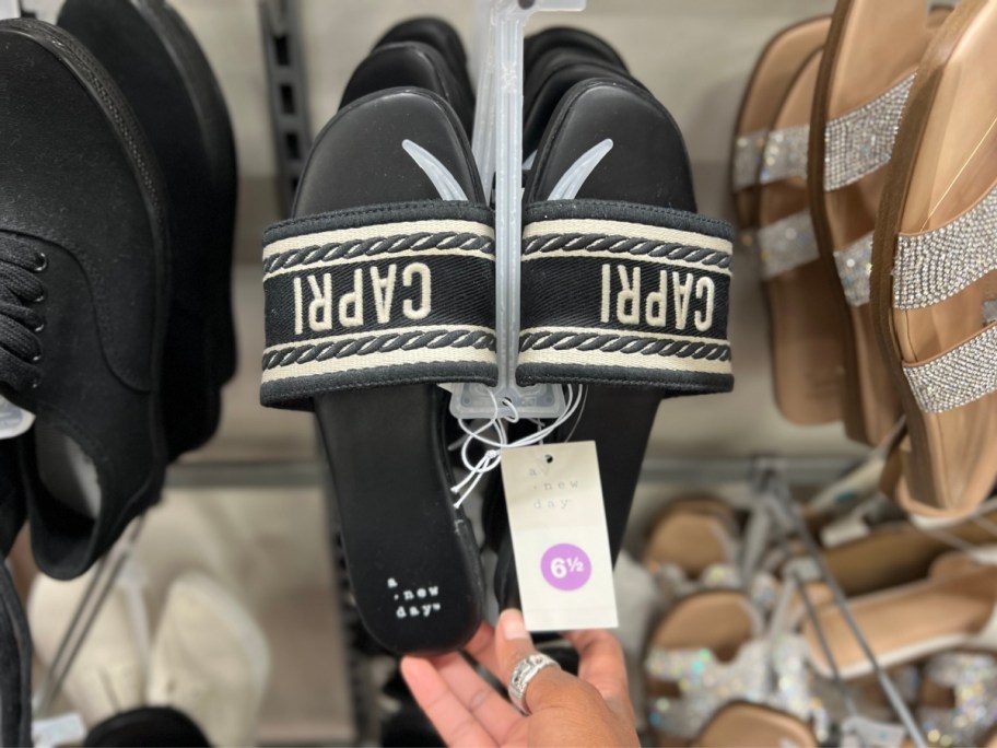 capri black slide sandals on hooks