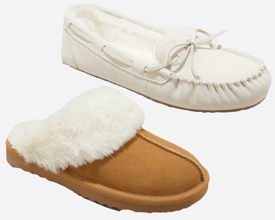 white moccasins and tan slippers