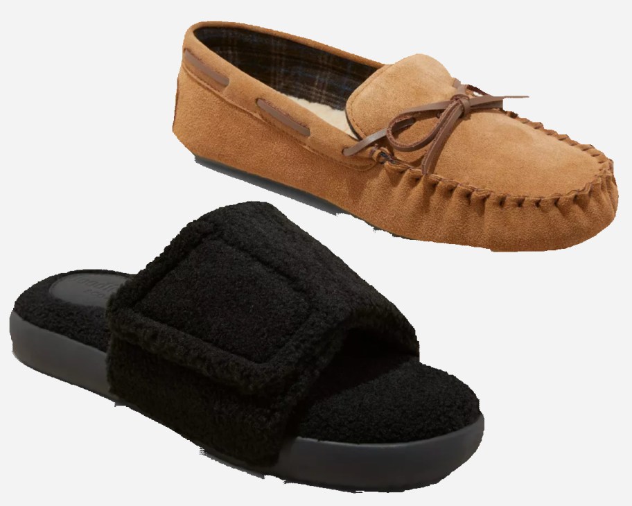 brown mocassins and black slide slippers