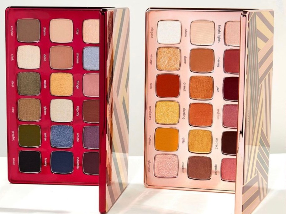 two tarte cosmetics pallettes standing on side next to each other