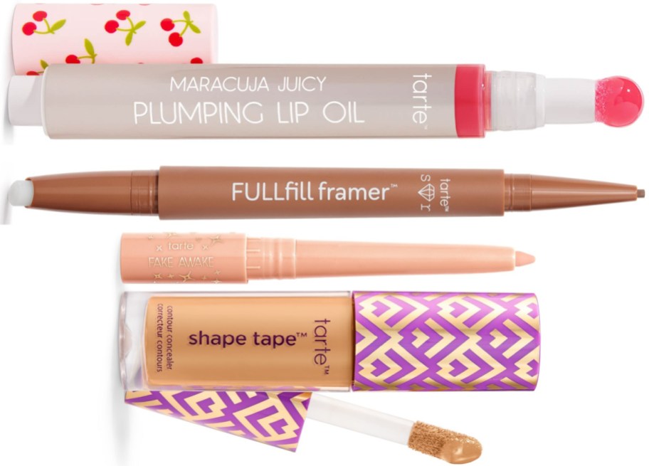 A collection of Tarte cosmetics products arranged vertically against a white background, including Maracuja Juicy Plumping Lip Oil, FULLfill framer eyebrow pencil, Fake Awake eye highlight, and Shape Tape contour concealer with its applicator wand shown.