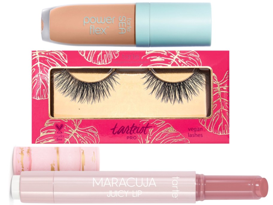 Tarte makeup products including a Sea Power Flex concealer, a box of Tarteist Pro vegan false lashes, and a Maracuja Juicy Lip balm.
