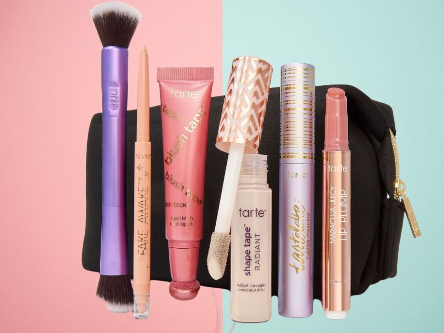 multiple tarte products with black makeup bag