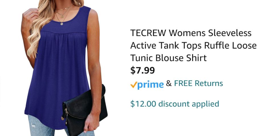 woman wearing blue shirt next to Amazon pricing information