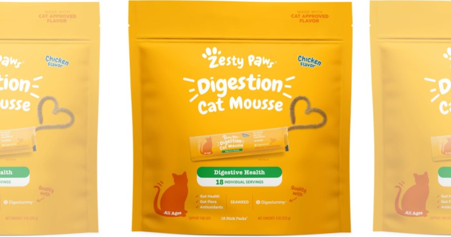 three stock images of Zesty Paws Cat Mousse Squeeze Up Puree Cat Treats