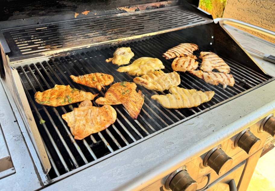 three types of chicken on the grill
