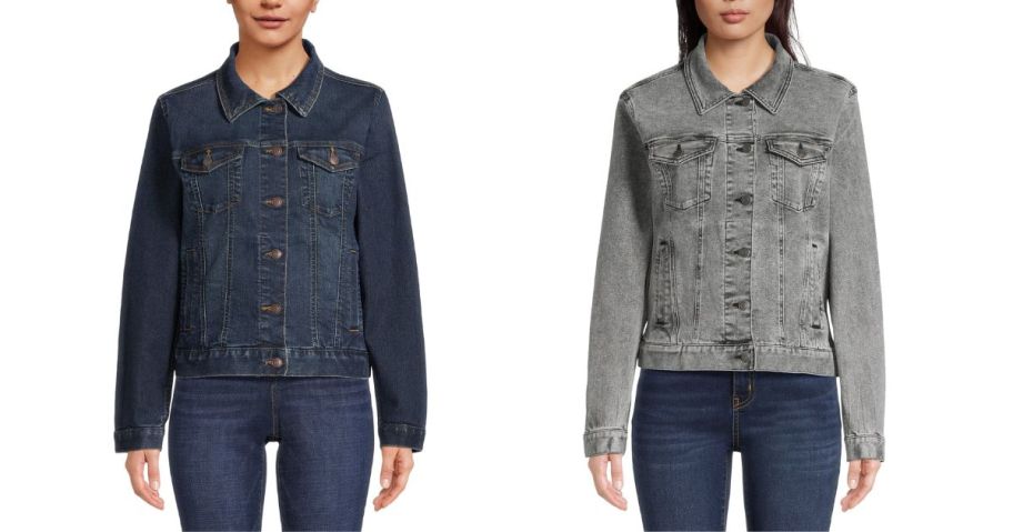 two women wearing denim jean jackets