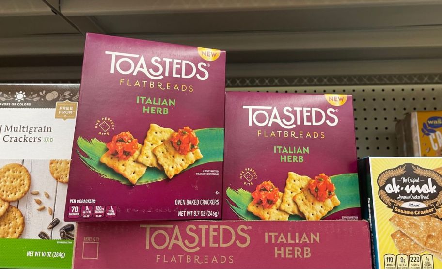 toasted flatbread crackers on shelf