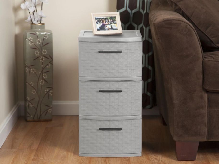 Sterilite 3-Drawer Weave Tower next to couch