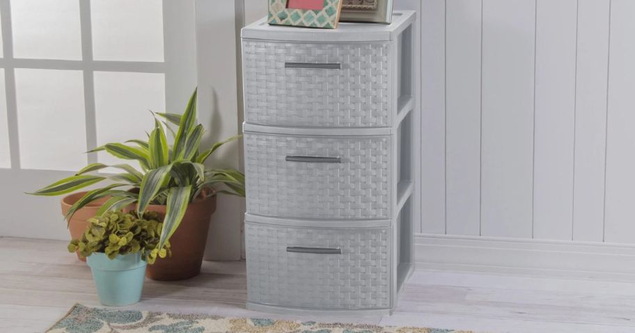 Sterilite 3-Drawer Weave Tower next to plant