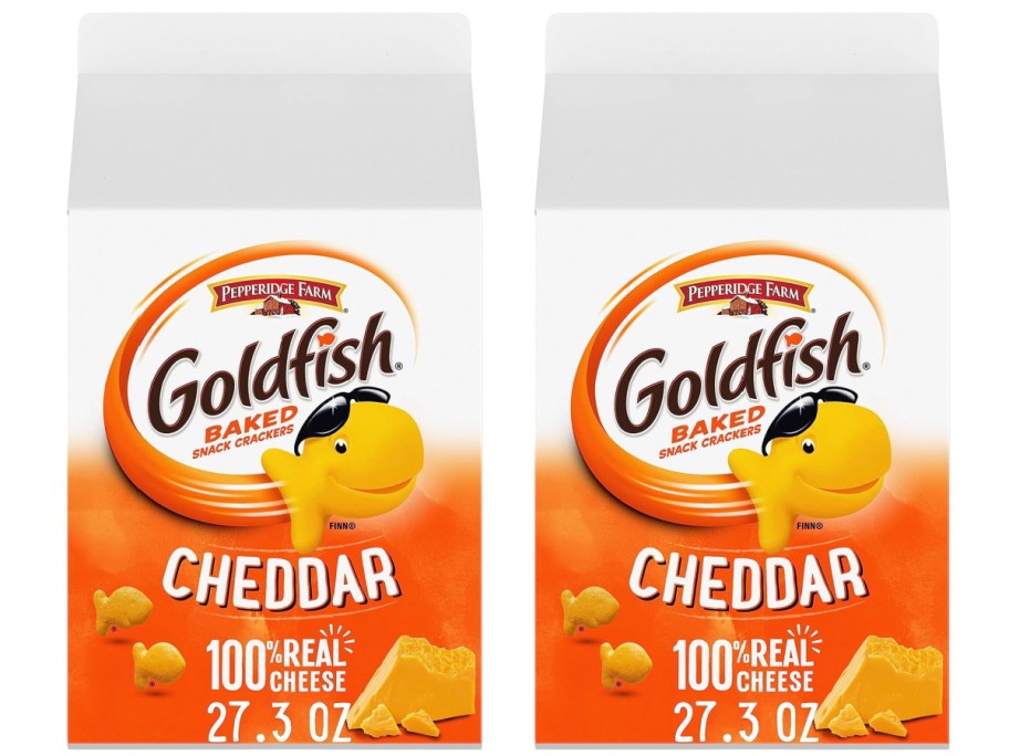 two stock images of Goldfish Cheddar Cheese Crackers, 27.3 oz Cartons